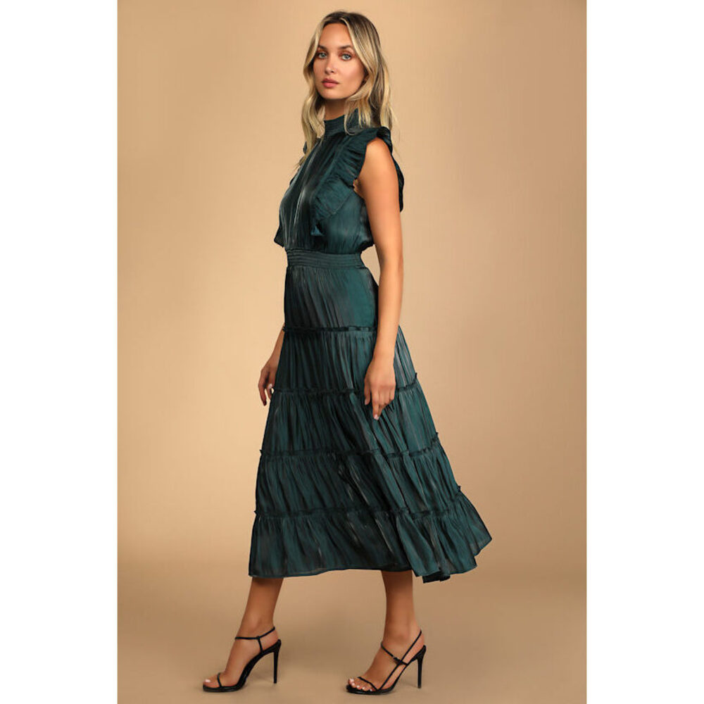 Lulus Take A Glance Emerald Green Tiered Mock Neck Midi Dress - Size S